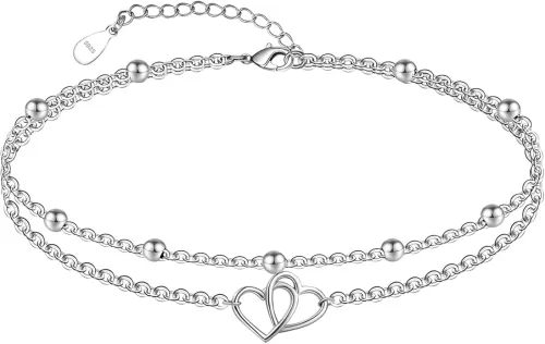 CHIC & ARTSY Womens Sterling Silver Created Opal Layered Anklet Bracelet Dainty Beaded Chain Adjustable 11" Best Friend Anklet