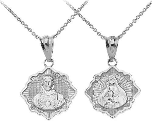 Claddagh Gold Catholic Charm Sterling Silver Immaculate Heart of Mary/Sacred Heart of Jesus Reversible Pendant Necklace