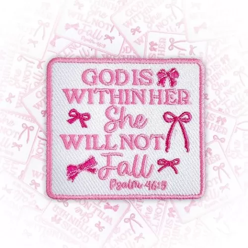 Coquette Bow God is Within Her She Will Not Fall Patch 3 Inches Iron On/Sew On Embroidered Applique for Trucker Hats Clothes Backpacks, Christian, Religious, Jesus DIY Funny Accessories Girls Gift