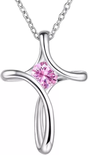 Cross Necklace for Women, 925 Sterling Silver Birthstone Necklace for Women with Diamond Sideways Cross Necklace Birthstone Jewelry Birthday Gifts for Women