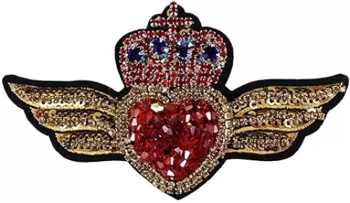 Crown Heart with Beaded Diamond Patches Sequin Embroidery Applique Mini Heart Badges for Brooches Sewing 2piece
