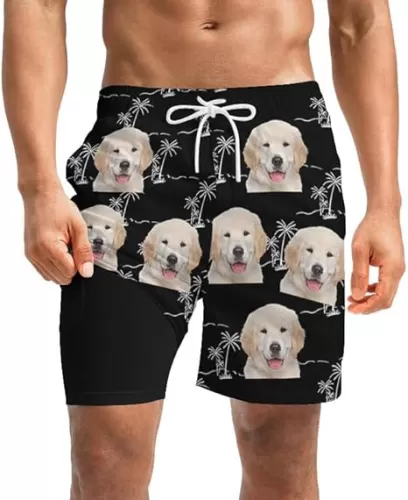 Custom Face Mens Swim Trunks with Compression Liner Personalized Beach Shorts with Your Picture Printed with Pockets