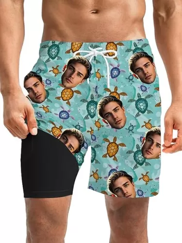 Custom Mens Swim Trunks 7" Personalized Board Shorts with Face Quick Dry Swimsuit Bathing Suit Compression Liner