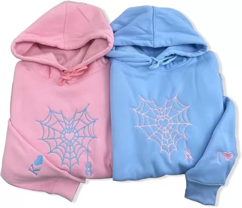 Customized Embroidered Couple Hoodie, Spiderweb Heart Sweatshirt, Matching Couple Crewneck, ValentiensGift for Men Women, Personalized Initials With Name On Sleeve, Boyfriend Girlfriend.