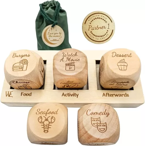 Deluxe Date Night Dice Game - Fun Romantic Couples Gift - 5 Dice, Decision Coin, Board & Carry Bag for Bachelorette, Anniversary, Wedding, Bridal Shower - Girlfriend Wife Husband Him Her Anniversaries