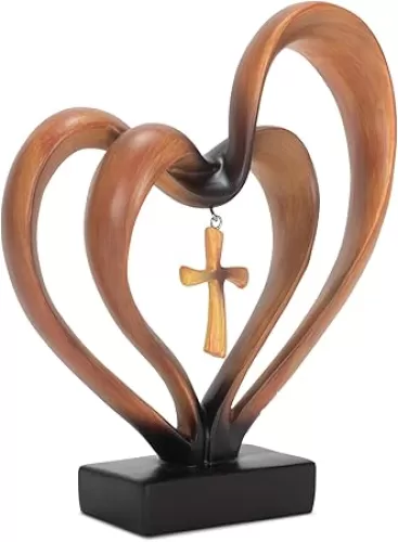 Dicksons It Takes Three Heart and Cross Brown 8.5 x 9.5 Resin Stone Pedestal Table Top Decoration