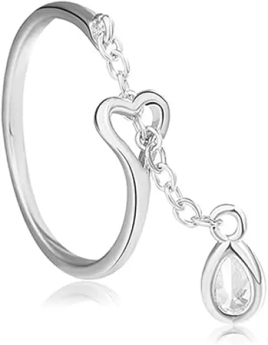 Dtja Heart Eternity Chain Statement Ring for Women 925 Silver Imitation Teardrop Diamond Adjustable Expandable Open Band Rings Wedding Promise Birthday Party Jewelry