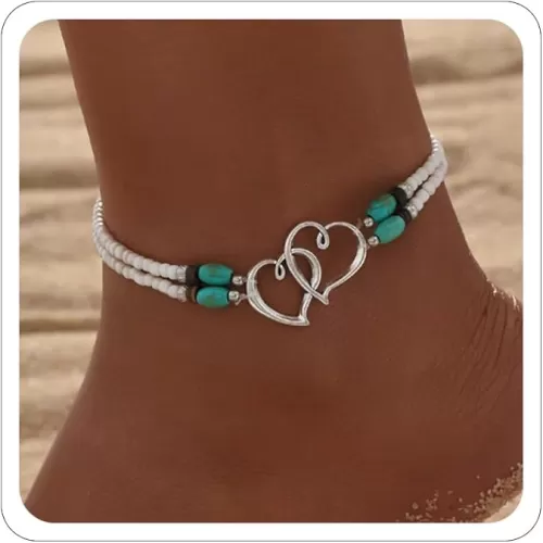 Elastic Beaded Ankle Bracelets for Women Double Heart Layered Stretch Ankle Bracelets Waterproof Dainty Boho Beaded Anklets for Summer Beach Foot Jewelry