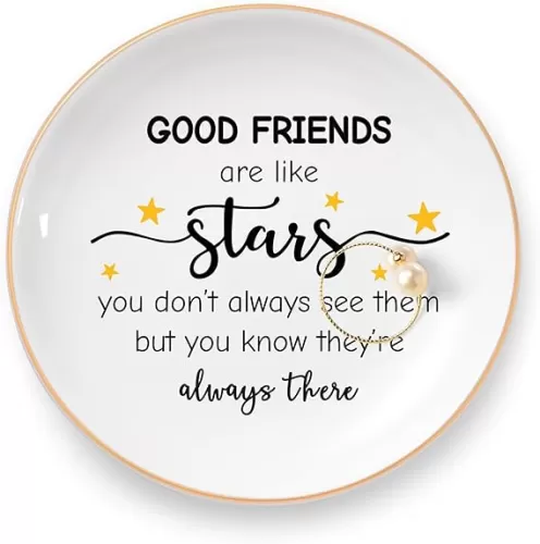 Elegant Engraved White Ceramic Round Jewelry Dish - Best Friend, Long Distance, Going Away, Good Friends are Like Stars Gifts