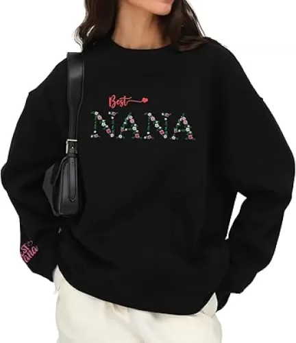 Embroidered Graphic Flower Letter Nana Women Sweatshirt with Long Sleeve Embroidery Nana Pullover