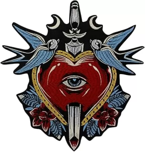 Embroidery Patch Iron on Patches for Repairing Jackets Backing Sacred White Dove Sword Heart Emblem Applique for Religious Decoration 1piece
