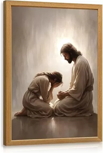 FASWQ Wood Framed Jesus and Woman Wall Art, Christian Repentance and Forgiveness Canvas Painting, Sacred Heart Biblical Wall Decor, Christ Religious Poster Print for LDS Home Living Room 16"x24"