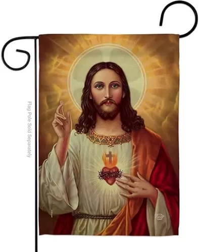 Feast Of Sacred Heart of Jesus Flag Yard Sign Wall Hanging Decor Home Poster Porch Balcony Religious Canvas Room Tapestry Faith Fathers Day Cemetery Decoration For Grave Yard Catholic Gifts