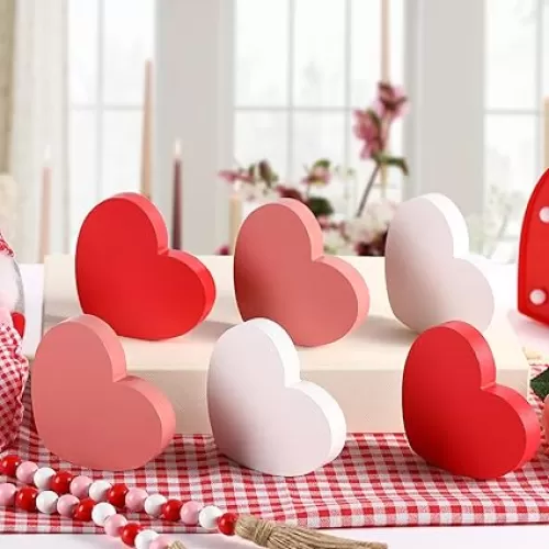 FestalMart Valentines Decorations 6pcs Wooden Heart Sign Classic White Pink Red Decor for Home Shelf Mantel Fireplace Table Windowsill Party