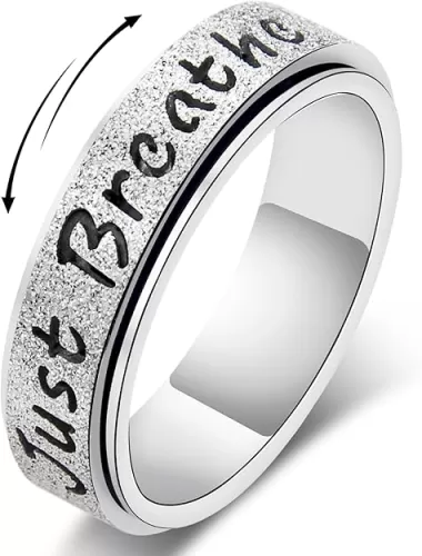 Fidget Spinner Ring for Women - Just Breathe Inspirational Hope Rings, Stainless Steel Anxiety Women