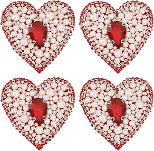 FINGERINSPIRE 4 PCS Heart Beaded Patch 2.7x2.7inch Glass Rhinestone Red Crystal Sew On Patches Heart Shape Pearl Beaded Embroidery Patches Applique for Jeans Handbag Shoes Clothing DIY Decorations