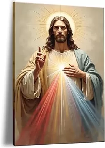 Framed Jesus Divine Mercy Heart Canvas Wall Art Jesus Mercy Poster Christ Catholic Painting Print Living Room Bedroom Church Decor Ready to Hang 12X16inch