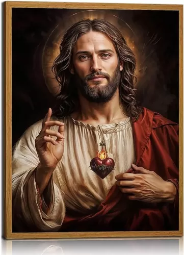 Framed Jesus Wall Art Sacred Heart Picture Catholic Canvas Religious Christian Poster Print Painting Home Living Room Church Decor Faith-Inspired Gallery Art Ready to Hang 24X16 Inch
