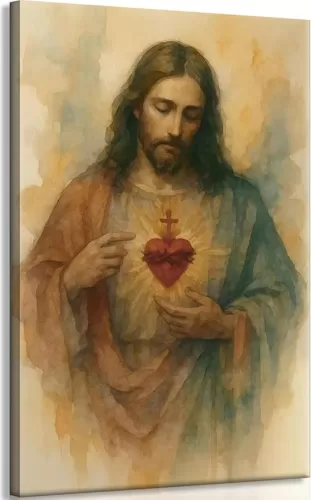 Framed Sacred Heart of Jesus Canvas Wall Art Divine Mercy Wall Decor Pictures Jesus Portrait Poster Print Christian Religious Painting Artwork for Living room bedroom decoration 12x16in