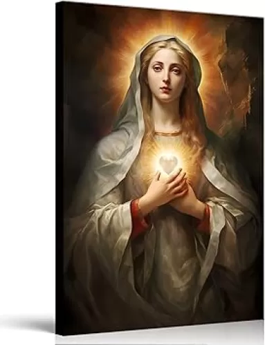 Framed Virgin Mary Canvas Wall Art Catholic Immaculate Heart of Mary Poster Prints Religious Church Wall Decor Picture