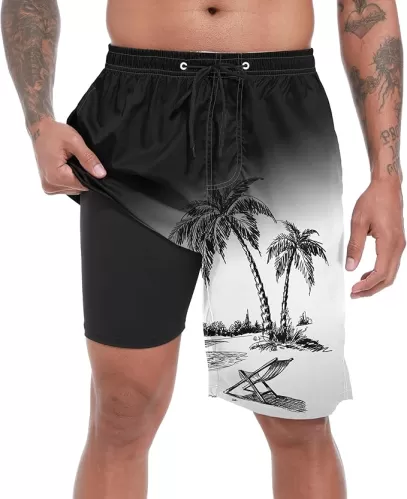 FT FENTENG Mens Swim Trunks with Compression Liner 9" Board Shorts 2 in 1 Quick Dry Beach Swimwear Bathing Suits for Men