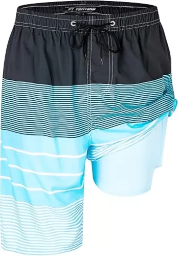 FT FENTENG Mens Swim Trunks with Compression Liner 9" Stretch Board Shorts 2 in 1 Quick Dry Swimwear Bathing Suits