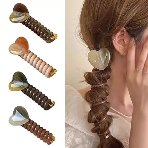 Generic 4 Pcs Heart Spiral Hair Ties Colorful Braided Telephone Wire Hair Bands Elastic Ponytail Holders Phone Cord Hair Scrunchies Hair Accessories for Women