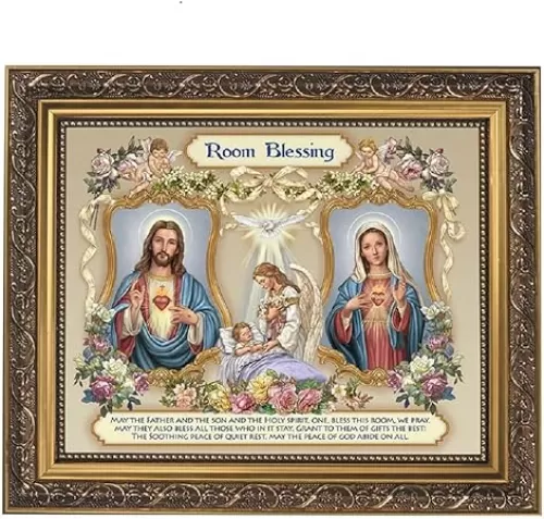 Gerffert Collection Sacred Hearts Room Blessing Framed House Blessings Print, 13 Inch (Ornate Gold Tone Finish Frame)