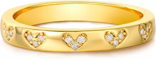 Gold Dome Band Ring for Women Heart Cubic Zirconia 14K Gold Plated Minimalist Stack 3MM Wide Finger Jewelry Size 6-8