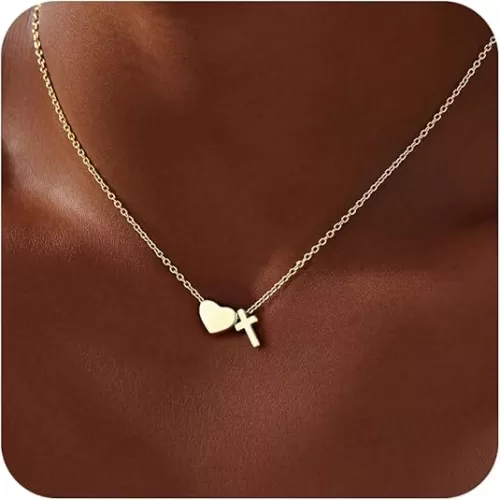 Gold Heart Cross Necklace for Women, 925 Sterling Silver Dainty Small Cute Simple Pendant Choker Charm Chain, Trendy Faith Jewelry for Women