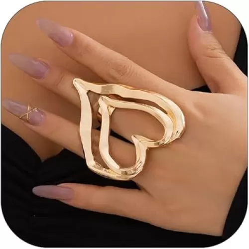 Gold Large Heart Rings for Women Adjustable Irregular Big Double Heart Ring Golden Chunky Cross Ring Trendy Birthday Party Jewelry for Women