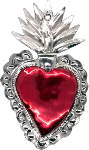 Handmade Tin Heart | Catholic Sacred Heart Inspired Folk Wall Decoration | Hand-stained in Gold-tone or Red Accents | Great Gift for Housewarming | Made in Mexico (Red Heart - 5.75")