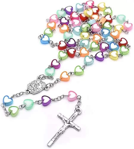 Handmade Wooden Resin Crucifix Rosary Beads Chain Pendant Necklace Colorful Love Heart Catholic Cross Virgin Mary Jesus Necklace for Women Men Religious Lord Praying Jewelry Gift