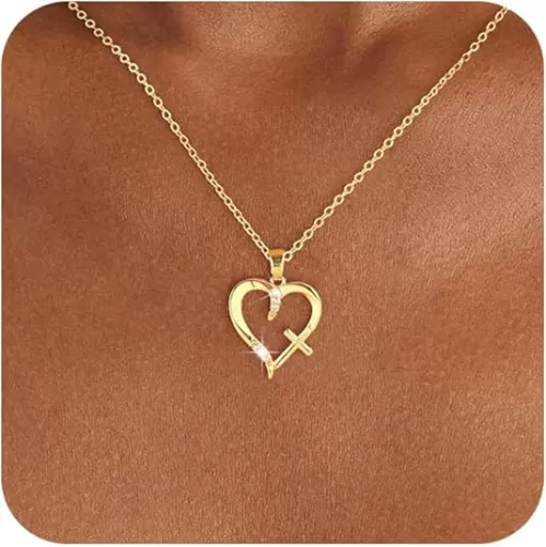 Heart Cross Necklaces For Women, 14K Real Gold Silver Plated Dainty Charm Love Heart Cross Pendant Necklace For Women, Necklaces Jewelry Gift for Women Present on Anniversary Christmas Valentines Mothers Day Birthday