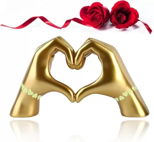 Heart Hand Sculpture for Home Decor Office, Elegant Gift for Women Girlfriend Teacher Sisters Birthday, Love Finger Statue for Living Bed Room Table Bookshelves Desk (Big Hands -Gold)