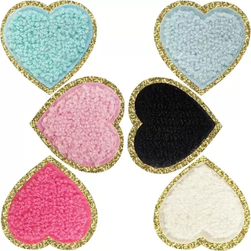 Heart Patches Glitter Chenille, 6 PCS DIILLEU Heart Iron on Patches, Chic Embroidered Glitter Chenille Patch with Gold Sequin Border, Valentine