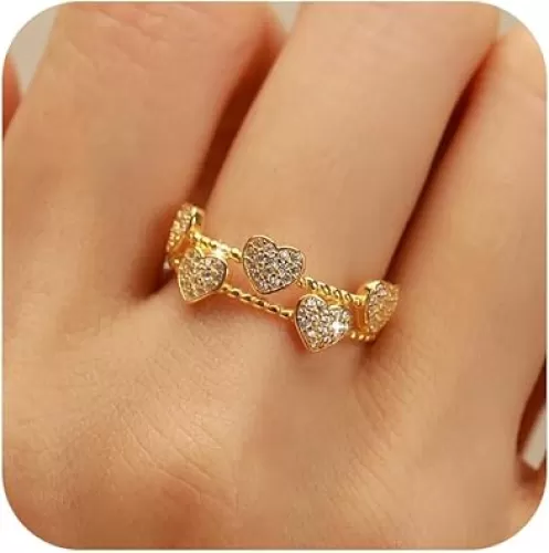 Heart Ring 14K Gold Plated CZ Hearts Dual Stacking Rings for Women S925 Sterling Silver Love Heart Stackable Statement Ring Eternity Band Promise Ring Birthday Jewelry Gifts for Wife Wedding Jewelry