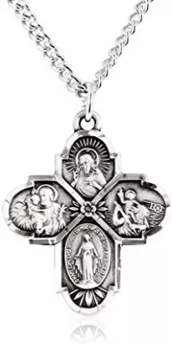Heartland Sterling Silver 4 Way Cross Pendant for Men- Handcrafted in USA, Tarnish Resistant, Meaningful Catholic Necklace with Sacred Heart, St. Christopher, St. Joseph & Miraculous Medal– 24-Inch