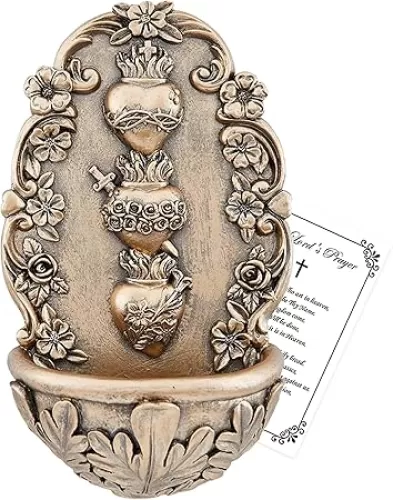 Holy Water Font for Home Catholic Decor - Bronze Finish Sacred Heart Holy Water Holder for Wall, Lord's Prayer Card - Holy Water Font for Wall, Altar, Home - Fuente De Agua Bendita - 2 Items Set