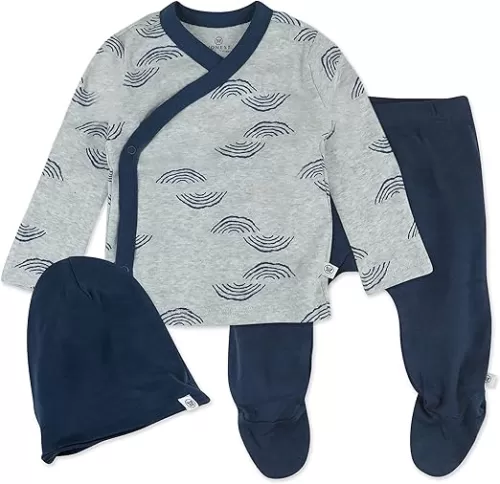 HonestBaby 3-Piece Organic Cotton Kimono Top, Footed Pant & Headband/Beanie Set for Infant Baby Boys, Girls, Unisex