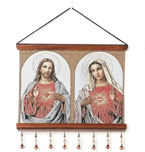 HZMAN Jesus and Virgin Mary Painting Retro Handmade Weave Wall Art Decor Sacred Heart Aesthetic Picture for Living Room Bedroom Wood Framed 16x12.5 inch