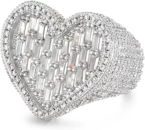 Iced Out Baguette Cz Diamond Heart Ring Jewelry, All Match Bling Bling Dainty Gold Pinky Ring Party Rose Gold Love Women Luxury Jewelry