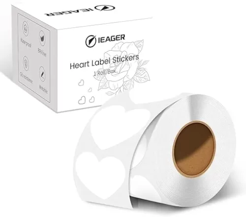 iEager Heart Shaped Thermal Label Stickers 2 Inch Printable Sticker Labels, Self-Adhesive Thermal Labels Roll for Decor, Home Storage, Thanks Card, Gift Box, Custom Logo Design-500 Labels, White