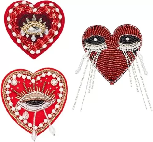 INFUNLY 3pcs Evil Eyes Beaded Patches Rhinestone Applique Patches Sequin Applique Sew on Crystal Heart Patch Red Heart Embroidery Patch for Clothing Jeans Jackets Handbag Shoes DIY Decor