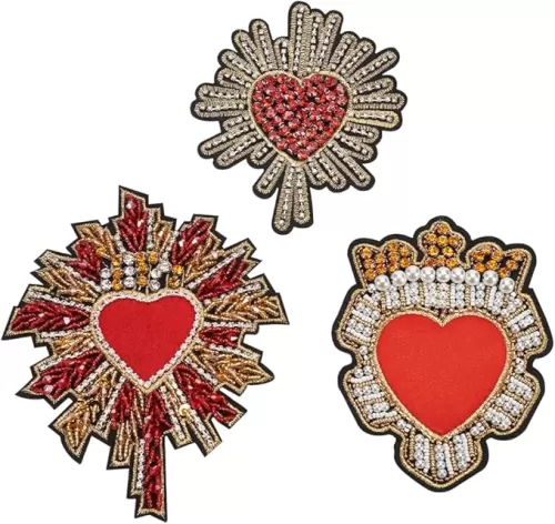INFUNLY Rhinestone Beaded Heart Patch Sew on Heart Patches for Clothing Christmas Red Decorations Applique Bright Crystal Patches Rhinestones Applique with Beads for DIY Apparel Clothes Christmas