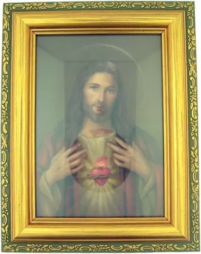 Italian Lithograph Sacred Heart of Jesus Print in Antique Gold Tone Frame with Glass, 6 1/2 Inch