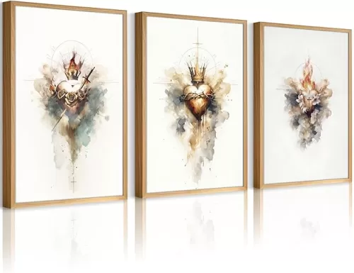 Jesus Canvas Wall Art Sacred heart of Jesus Pictures Christian Wall Decor Catholic Poster Religious Wall Art Heart of Mary and Joseph Painting Divine Mercy Prints for Bedroom 12x16x3 Inch Unframed