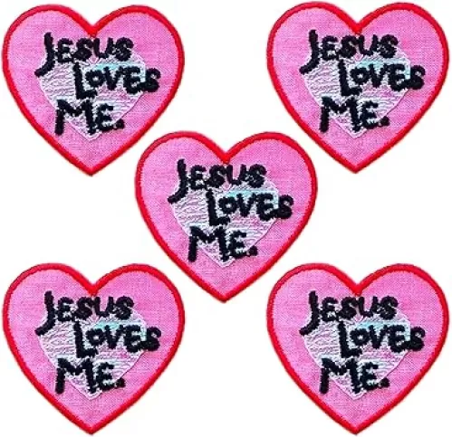 Jesus Loves Me Heart Patches (5-Pack) Religious Iron On Patch Embroidered Applique - Embellishments for Clothing, Jackets, Backpacks, and Decorations (5 Pack Jesus Loves Me)