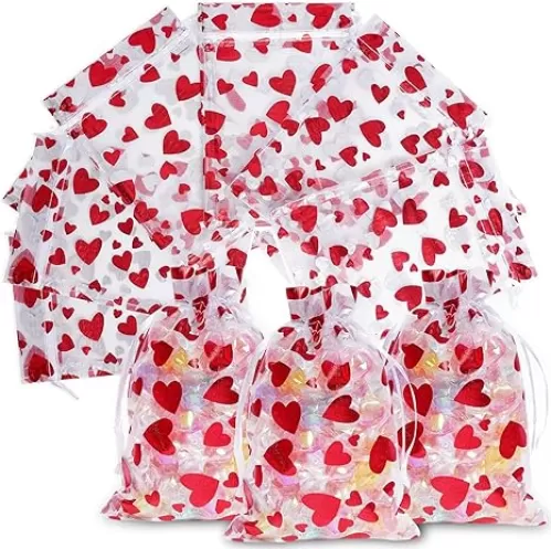 JLJIUBBKX 50PCS red transparent hard yarn heart-shaped printed satin brushed lover, drawstring bag for jewelry packaging, Valentine