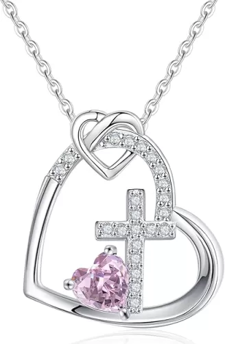 JSJOY Cross Necklace Christian Gifts for Women Heart Birthstone Necklace Religious Birthday Gifts for Mom Daughter Christmas Stocking Stuffers Baptism Confirmation Gifts for Teen Girls